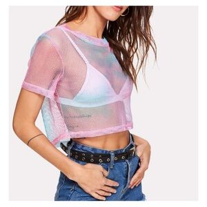 Pastel Pink and Blue Tie-Dye Short Sleeve Flowy Fishnet Top